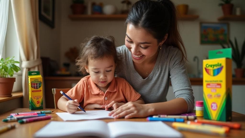 Familia mexicana usando productos Crayola en un momento educativo cálido