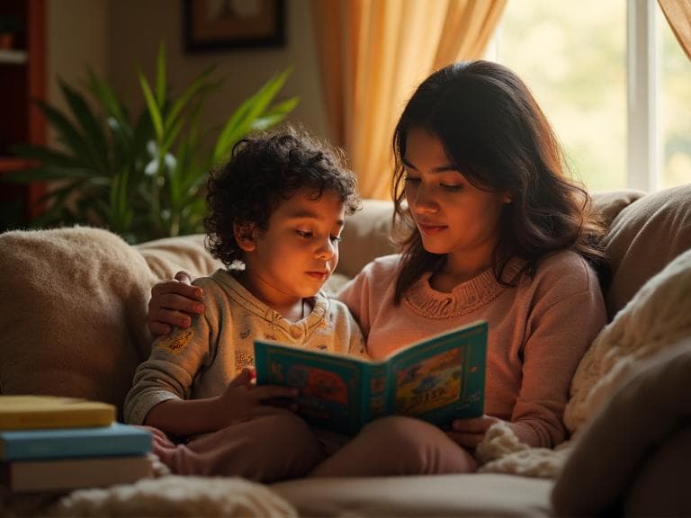 Madre e hijo leyendo juntos en un momento íntimo de aprendizaje